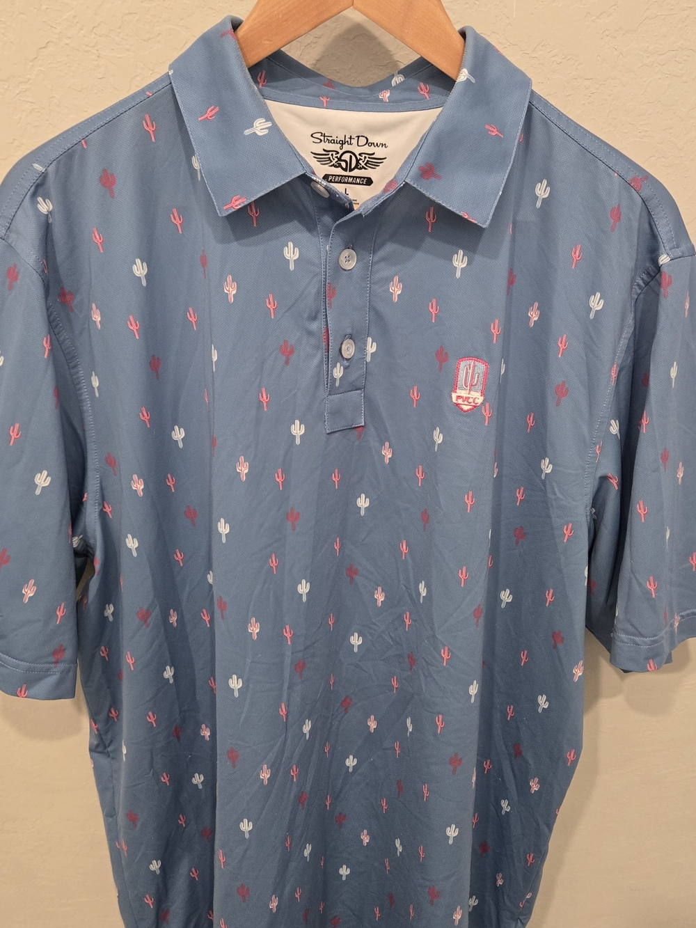 Straight Down Blue Polo with Pink & White Cactus Print